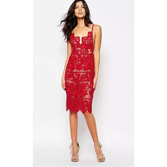 For Love & Lemons Gianna Midi Dress Red Lace Bodycon XS - Picture 1 of 7